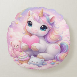 Almofada Redonda Whimsical Kawaii Unicorn & Friends Pastel Cloud