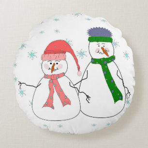 Almofada Redonda Whimsical Mr e Sra. Snowman Snowman Snowing Winter