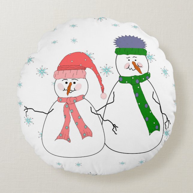 Almofada Redonda Whimsical Mr e Sra. Snowman Snowman Snowing Winter (Frente)