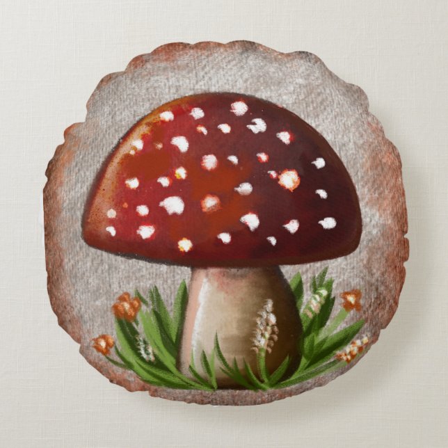 Almofada Redonda Whimsical Mushroom & Fungi Motif – Nature-Inspired (Frente)