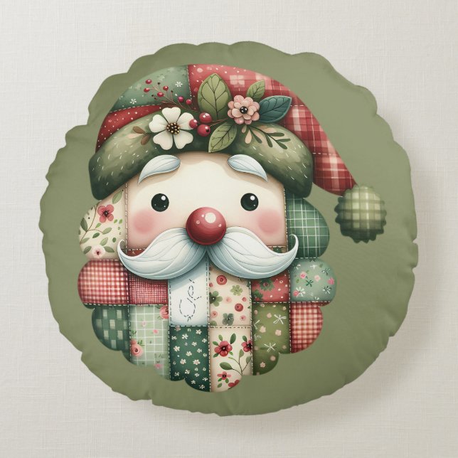 Almofada Redonda Whimsical Patchwork Santa Folk Christmas (Frente)