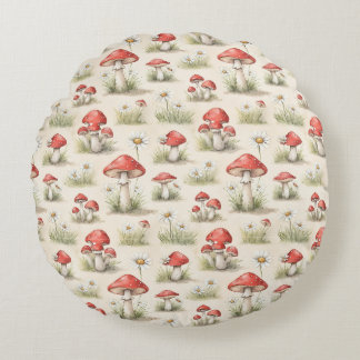 Almofada Redonda Whimsical Red Mushroom & Grass Watercolor Pattern