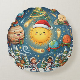 Almofada Redonda  Whimsical Solar System Christmas Party with peopl
