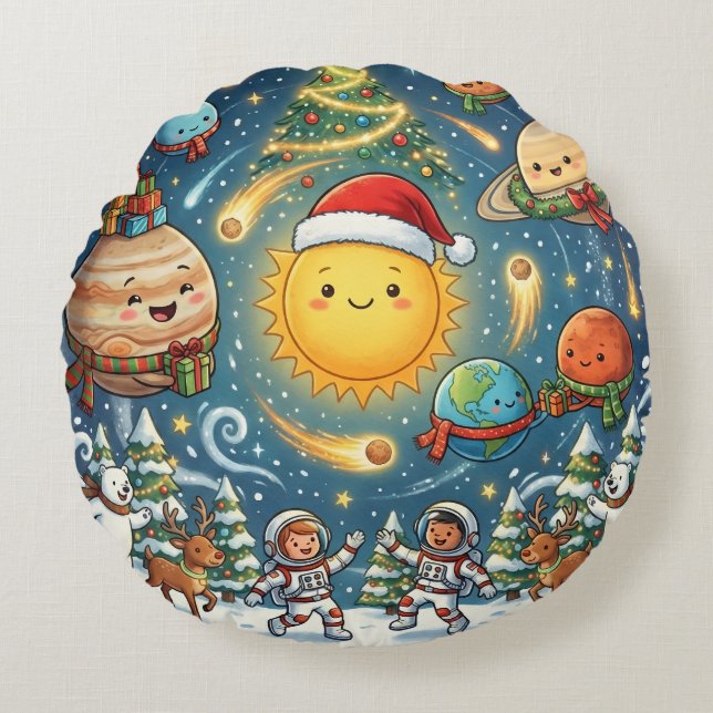 Almofada Redonda  Whimsical Solar System Christmas Party with peopl (Frente)