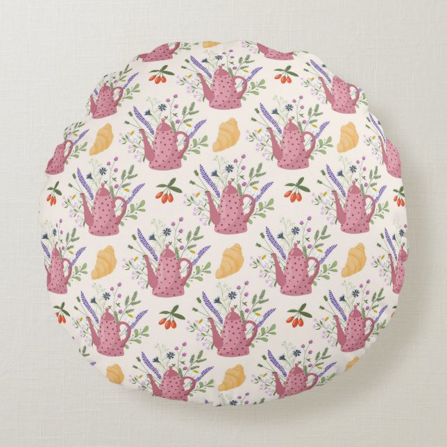 Almofada Redonda Whimsical Tea Time Doodle Throw Pillow (Frente)