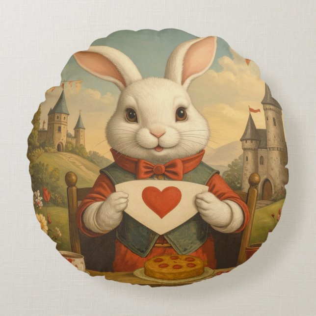 Almofada Redonda Whimsical White Rabbit Hearts Enchanted Wonderland (Frente)