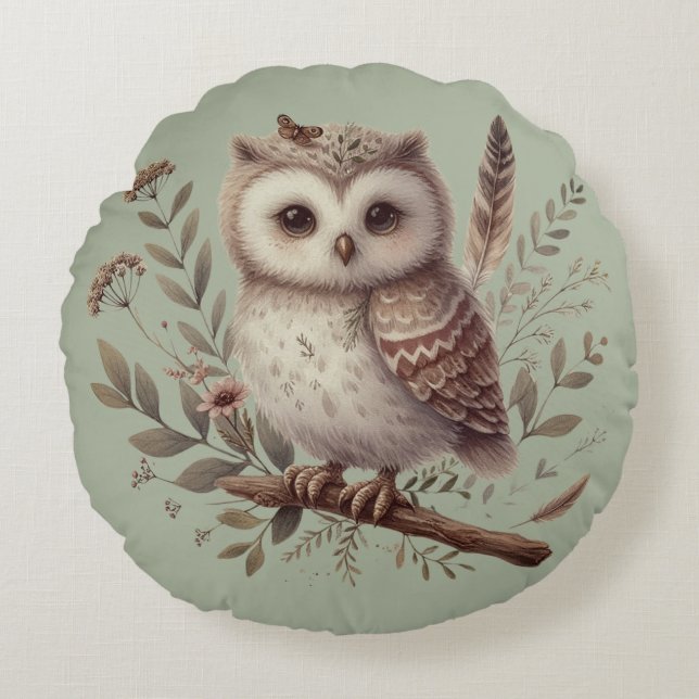 Almofada Redonda Whimsical Woodland Owl Botanical Illustration (Frente)