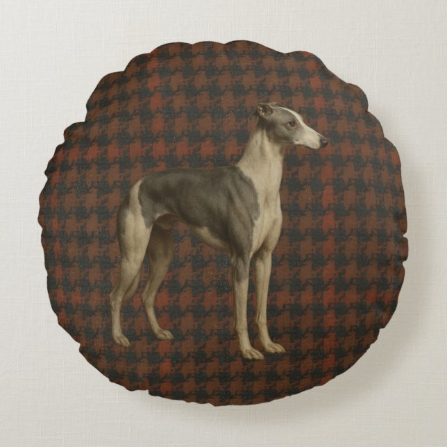 Almofada redonda Whippet. Whippet em tweed/xadrez (Frente)
