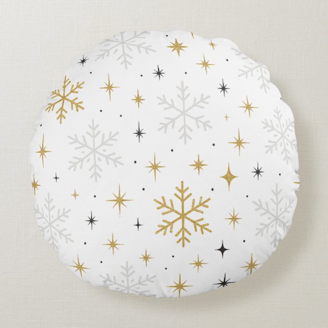 Almofada Redonda White & Gold Snowflake Sparkle Throw Pillow  (Frente)