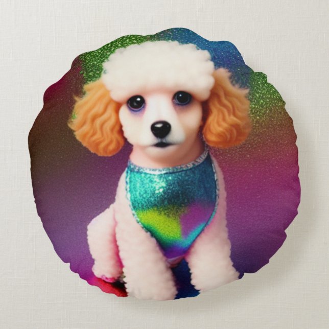 Almofada Redonda White Poodle com Creme Ears no Rainbow Sparkle (Verso)
