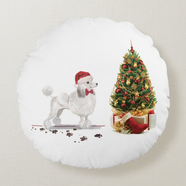 Almofada Redonda White Poodle Engraçado Cachorro de Natal com Árvor (Frente)