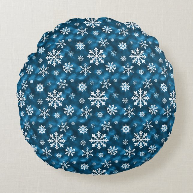 Almofada Redonda White Snowflakes On Blue Background Christmas (Frente)