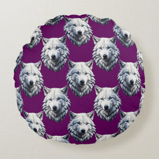 Almofada Redonda White Wolf Head Pattern Design Purple 