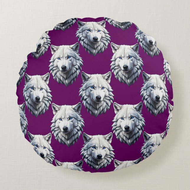 Almofada Redonda White Wolf Head Pattern Design Purple  (Frente)