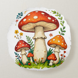 Almofada Redonda Wild mushrooms and flowers in grass forest nature