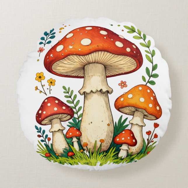 Almofada Redonda Wild mushrooms and flowers in grass forest nature (Frente)