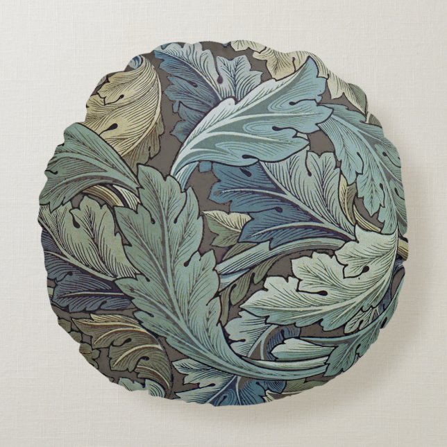 Almofada Redonda William Morris Acanthus Sage Flower Floral Botânic (Frente)