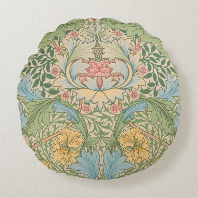 Almofada Redonda William Morris Flor de Murta Floral Botânico (Frente)