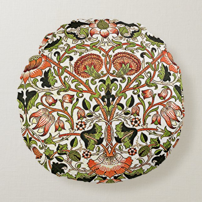 Almofada Redonda William Morris Lodden Flowers Foliage Verde Rosa (Frente)