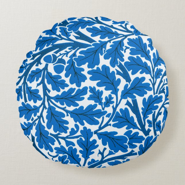 Almofada Redonda William Morris Oak Leaves, Sapphire Blue e White (Frente)