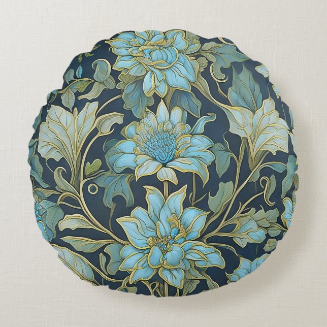 Almofada Redonda William Morris Teal Flowers (Frente)