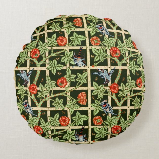 Almofada Redonda William Morris Trellis Pattern em Verde (Frente)