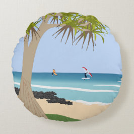Almofada Redonda Wing Foil Surfers Pandanus Tree na Praia