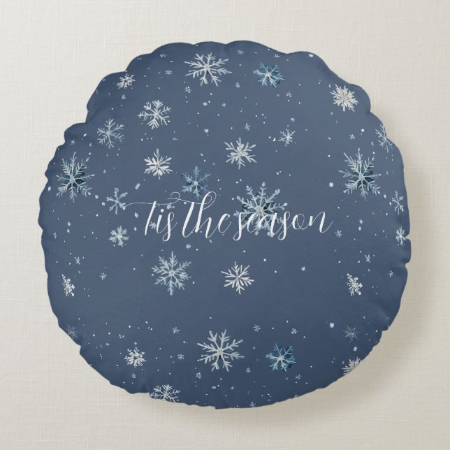 Almofada Redonda Winter Blue Silver Snowflakes Christmas (Frente)