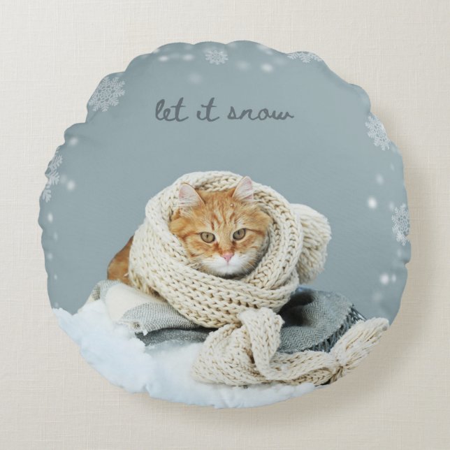 Almofada Redonda Winter Cat Deixe-O Neve Em Travesseiro decorativo (Frente)