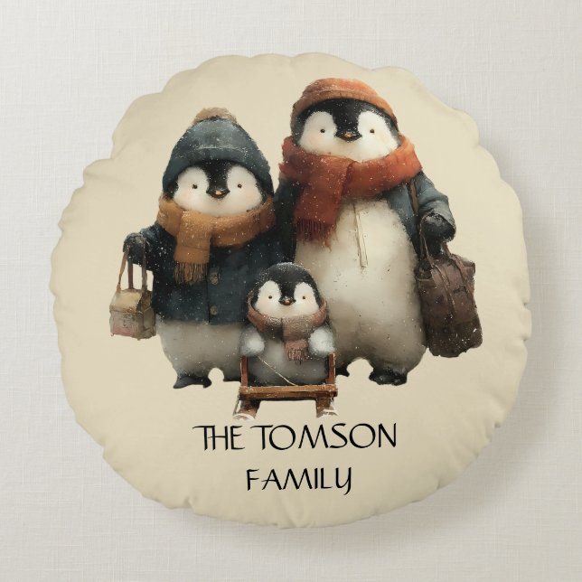 Almofada Redonda Winter Penguin Family Personalized Design (Frente)