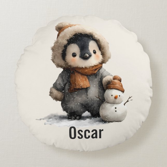 Almofada Redonda Winter Penguin with Snowman Design (Frente)