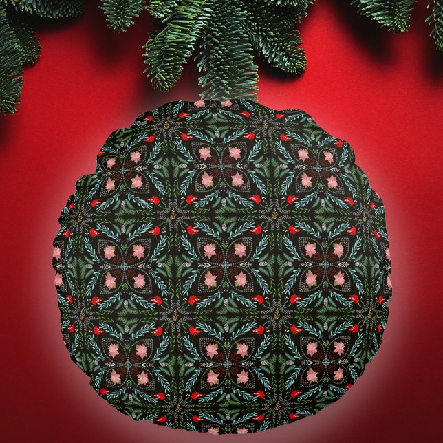 Almofada Redonda Winters Snowflakes, Poinsettias, Cardinhos (Criador carregado)