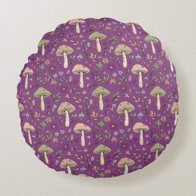 Almofada Redonda Witchy Plum Purple Fungi Seamless Pattern Gift (Frente)