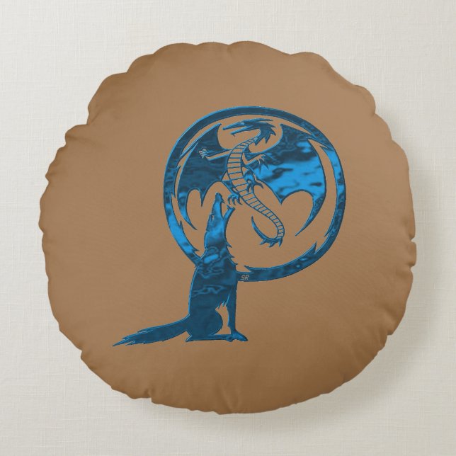 Almofada Redonda Wolf & Dragon Blue round tan travesseiro de algodã (Frente)