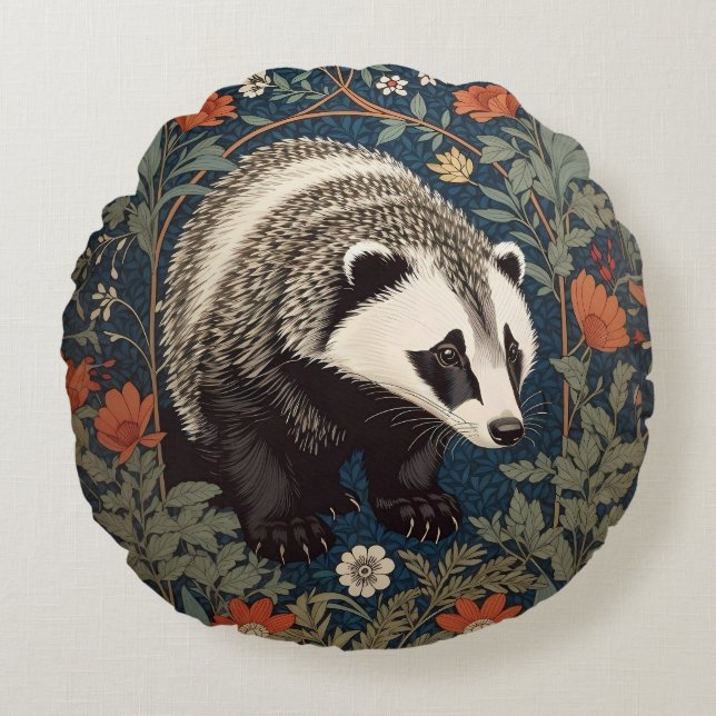 Almofada Redonda Woodland Badger William Morris Inspirou (Frente)