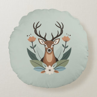 Almofada Redonda Woodland Harmony – Boho Deer Botanical Illustratio