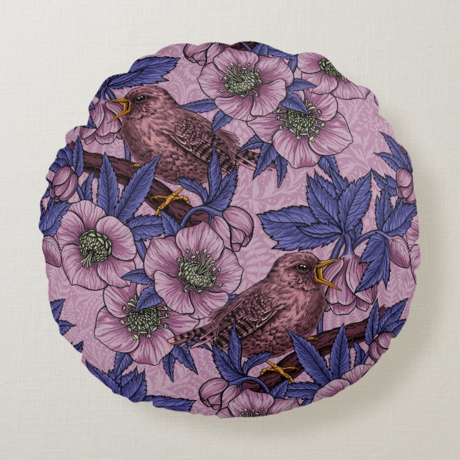 Almofada Redonda Wren e hellebore, rosa e violeta (Frente)