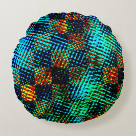 Almofada Redonda Xadrez azul, arranhão esverdeado, mancha suja verm