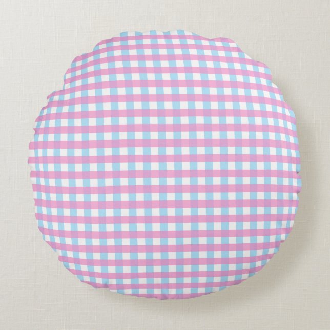Almofada Redonda Xadrez de Gingham Azul Cor-de-Rosa Pastel (Frente)