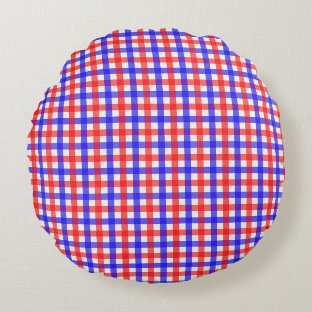 Almofada Redonda Xadrez De Gingham Vermelho E Azul (Frente)