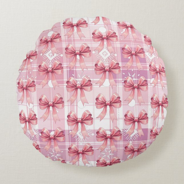 Almofada Redonda Xadrez de Natal rosa Flocos de neve Arco Coquette (Frente)