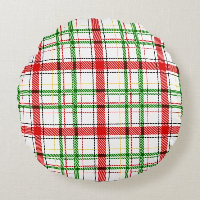 Almofada Redonda Xadrez Flannel de Natal - Design Tartan - Branco (Frente)