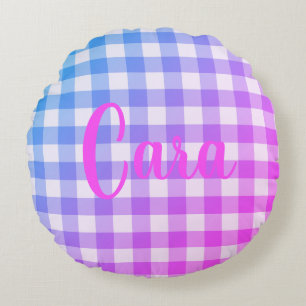 Almofada Redonda Xadrez Gingham Cor-de-Rosa Azul, Nome Simples Mode