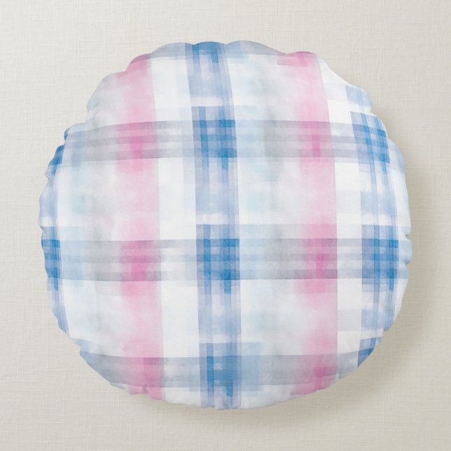 Almofada Redonda Xadrez Listras Rosa Azul Branco (Frente)