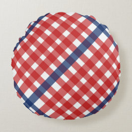 Almofada Redonda Xadrez Red White e Blue Gingham