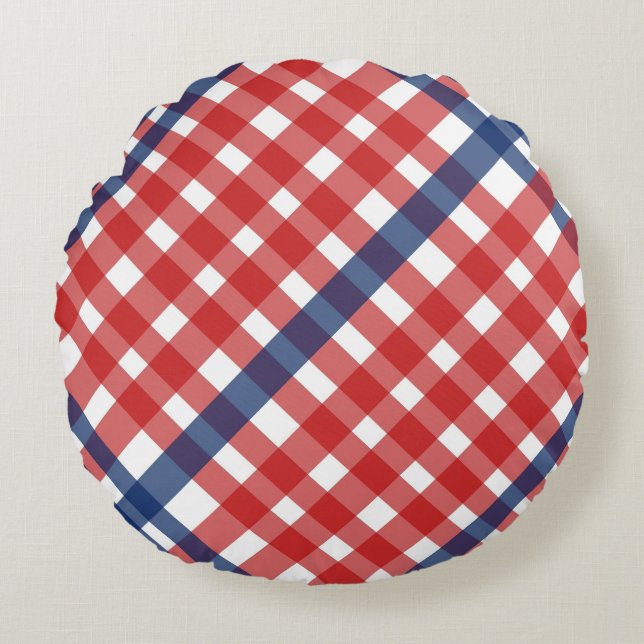Almofada Redonda Xadrez Red White e Blue Gingham (Frente)