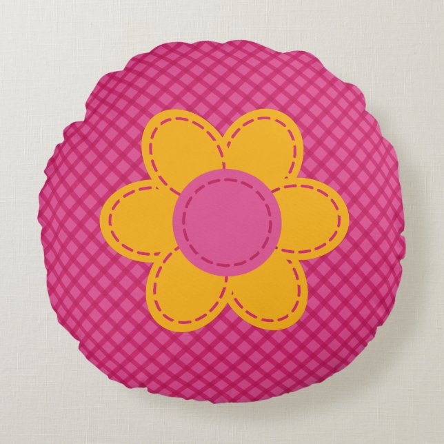 Almofada Redonda Xadrez rosa-branca, flor de quarto (Frente)
