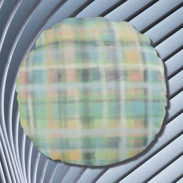 Almofada Redonda Xadrez Tartan cinza pastel moderna verde amarelo (Criador carregado)