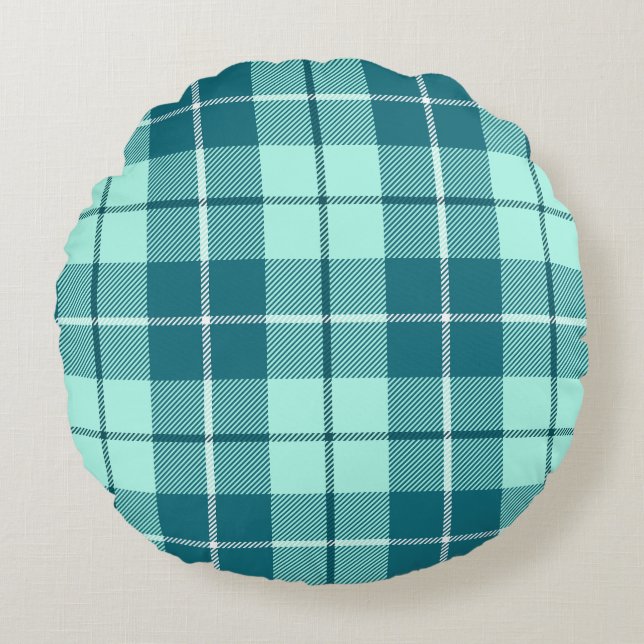 Almofada Redonda Xadrez Teal E Pastel Tartan (Frente)