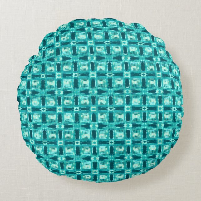Almofada Redonda Xadrez Turquesa e Teal Shibori (Frente)